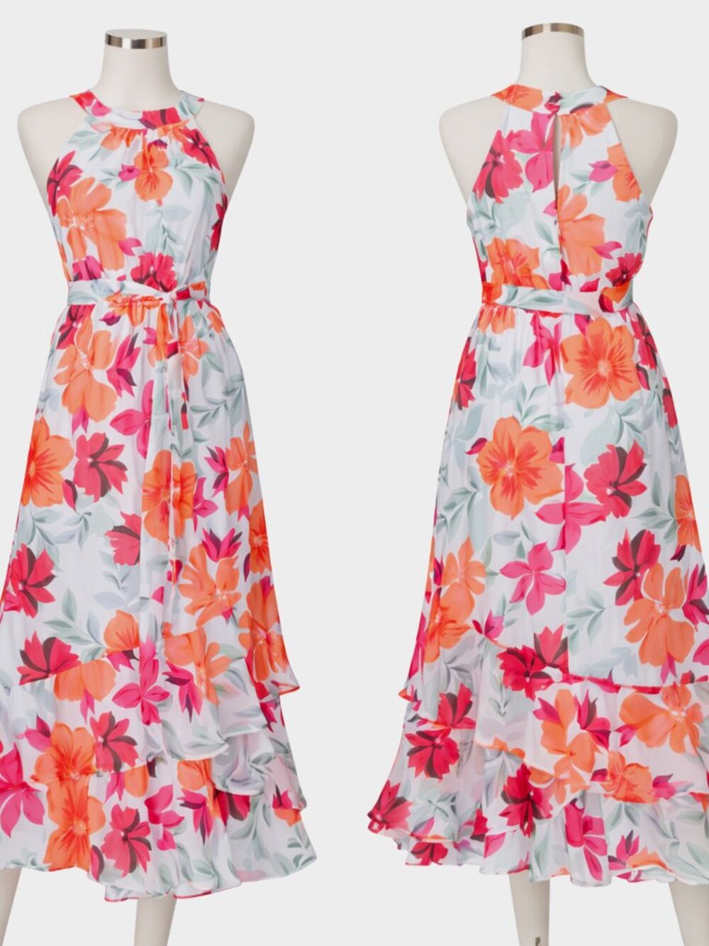 Calvin Klein Floral Halter Midi Dress | Pink Orange Tropical Fit & Flare Wedding